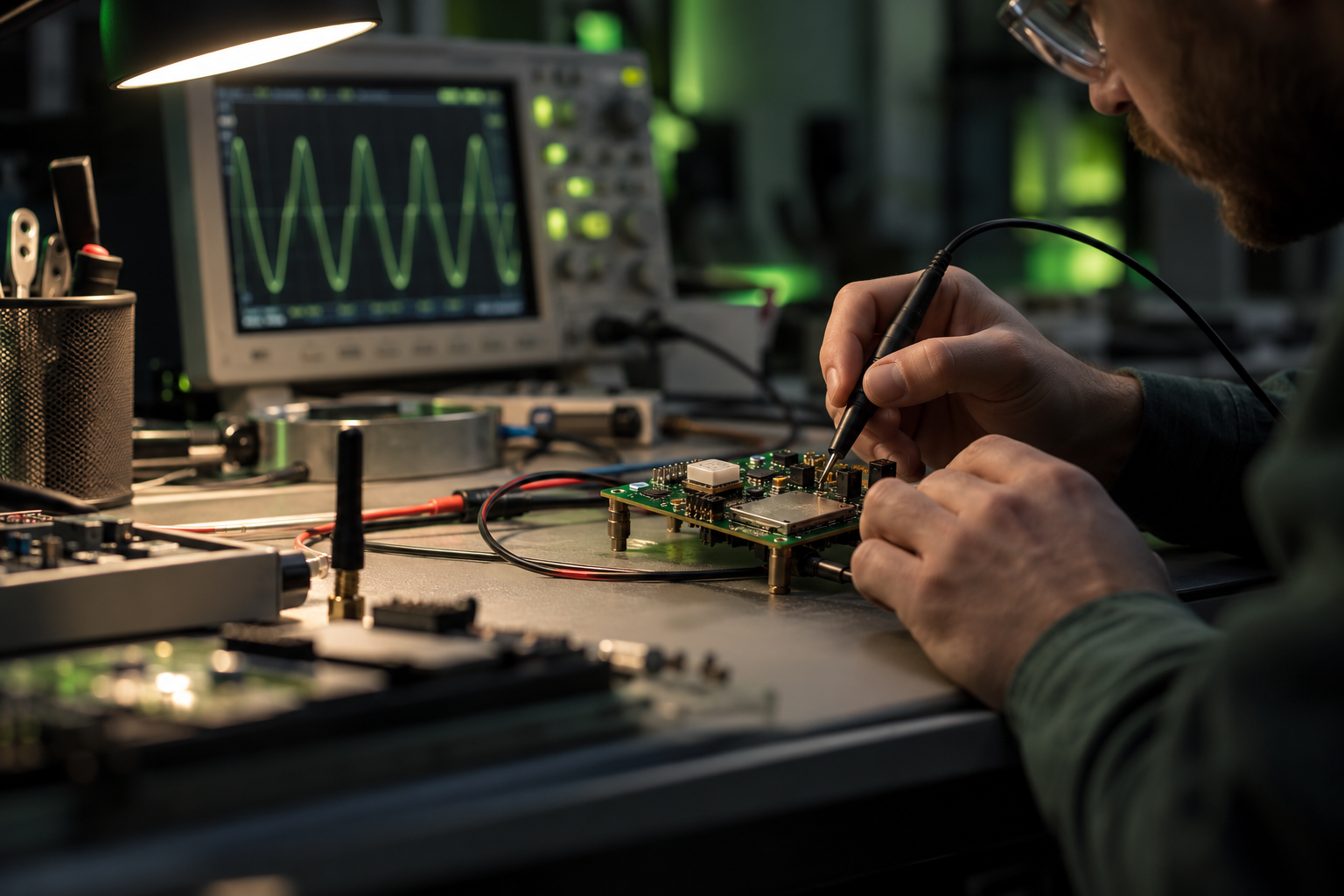 Engineer testing a connected circuit board with electronic measurement equipment