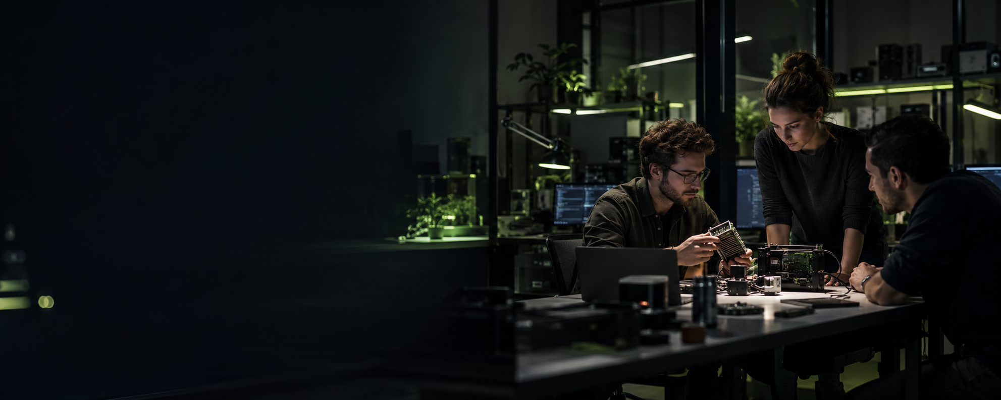 Engineering team collaborating around prototype hardware in a dark laboratory